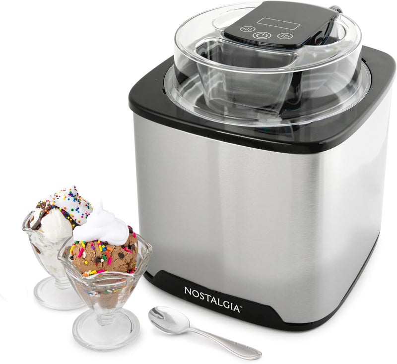 Nostalgia 2-Quart Electric Ice Cream Maker – Make Homemade Ice Cream, Gelato, Sorbet & Frozen Yogurt – No Salt/Ice Needed, Digital Controls, Mix-In Chute & Freezing Gel Canister – Stainless Steel - Image 1